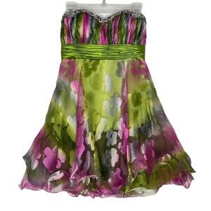 NEW JASZ COUTURE Strapless Floral Green Purple Beaded Empire Short Dress Size 10